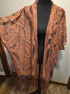 Emerette Boho Rust Orange Fringe Kimono Medium Festival Hippie